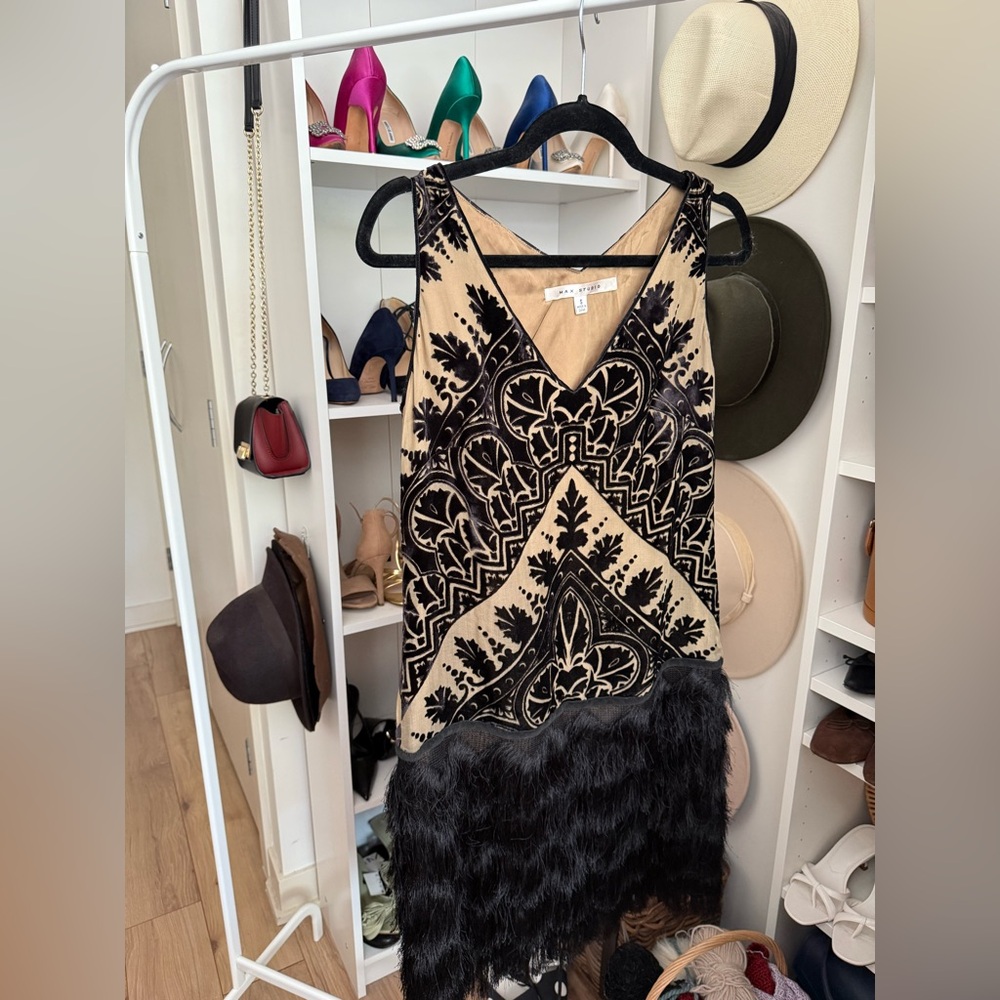 Black and Tan Sleeveless Dress with Fringe